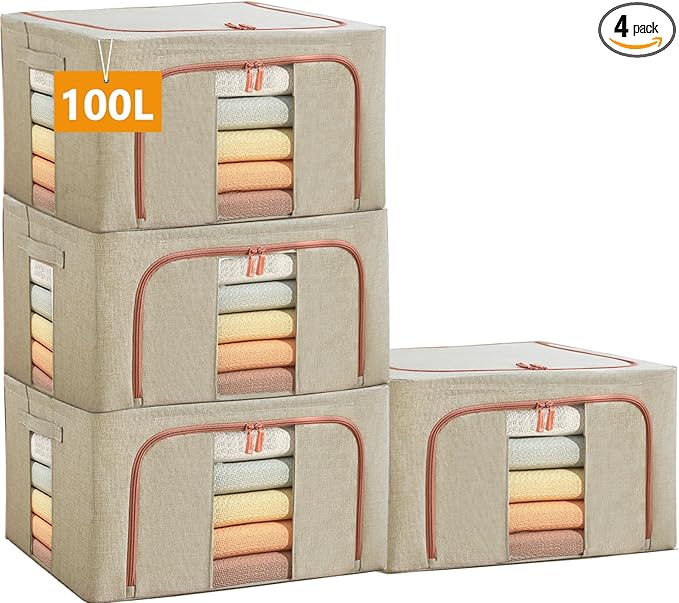 Large Storage Bags,Stackable Clothes Storage Bins with Hold Shape Metal Frame,Foldable Closet Organizer Containers with Zipper,Clear Window,Thick Fabric for Seasonal Clothing (Beige, 100L x 4 Pack)