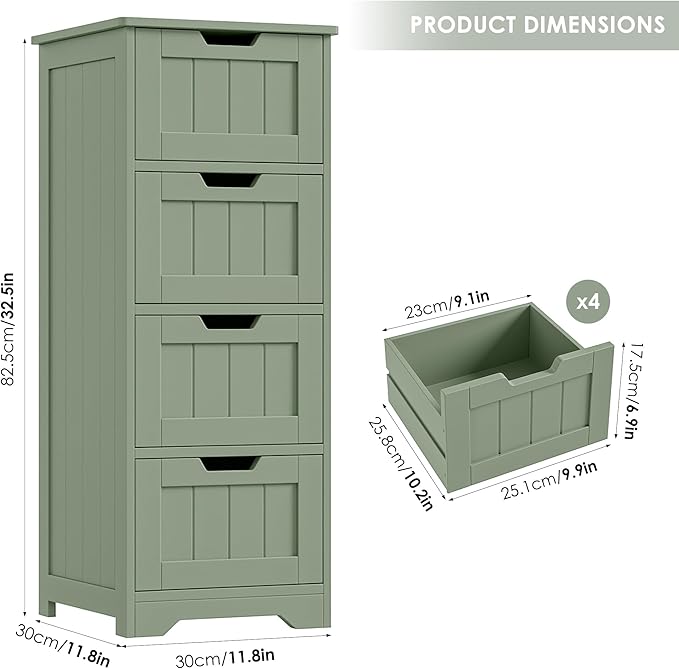 FOTOSOK Bathroom Storage Cabinet, Bathroom Cabinet with 4 Drawers, 11.8” x 11.8” x 32.5” Freestanding Entryway Cupboard Storage Organizer Unit Home Furniture Decor, Green
