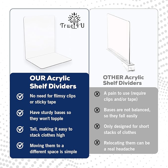True 4U 4 Pack, Acrylic Shelf Dividers for Closet Organization, Clear Tall Shelf Dividers, Extra Deep, Easy to Install for Bedroom Kitchen Office Closet Bathroom