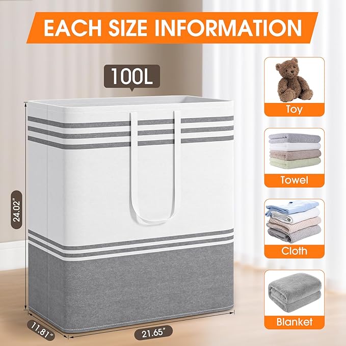 4 Pack Large Laundry Baskets, Laundry Hampers, Freestanding Waterproof Collapsible Clothes Bag with Extended & Reinforced Handles - Clothes Basket for Dorm, Bathroom, Home (100L)