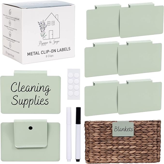 Hygge & Sage: Metal Non-Slip Basket Labels Clip On for Storage Bins, or Wire Racks | Includes 8 Labels, 8 Non-Slip Pads, and 2 Free Markers (Sage Green)