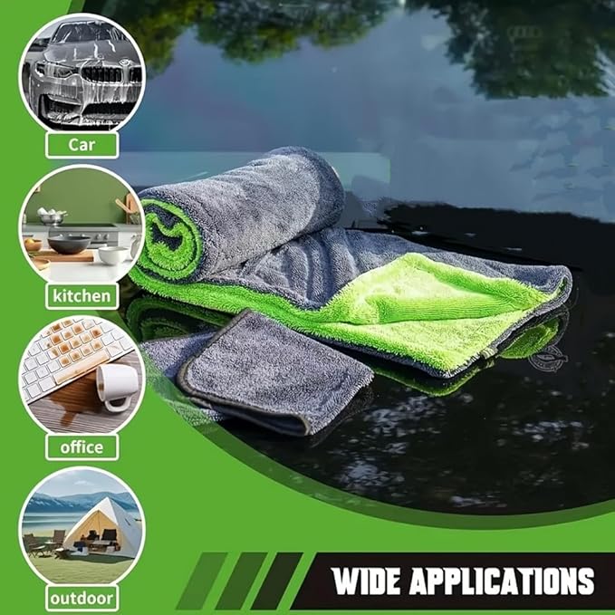 1200GSM Microfiber Car Drying Towel, Double-Twist Loop, Ultra-Absorbent, Quick-Dry, Lint- & Streak-Free, Scratch-Safe, for Car Wash & Detailing (1 Pack) (Dark Grey & Green, 16" x 24")