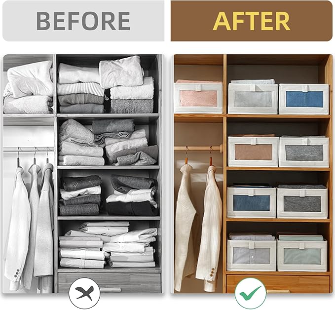 Linen Closet Organizers And Storage, 4 Pack Storage Bins Baskets for Organization Foldable Organizer with Clear Window Organizing Clothing, Jeans, Shelves