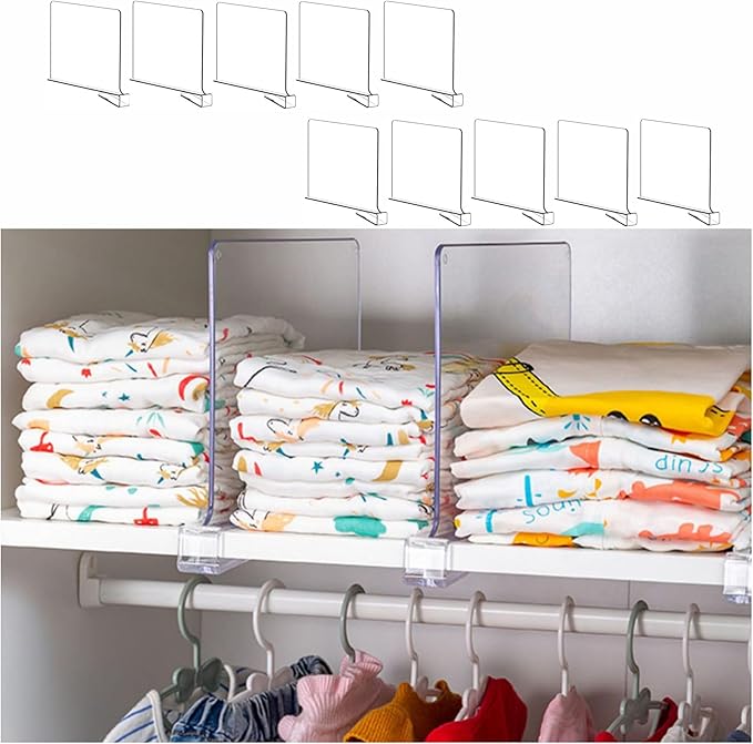 Yieach 10 Pack Clear Acrylic Shelf Divider for Closet Organization - 9.2″ Tall Closet Dividers for Wood Shelves,Cupboard,Vertical Shelf Separators in Closet for T-Shirt,Purse,Handbag,Sweater Organizer