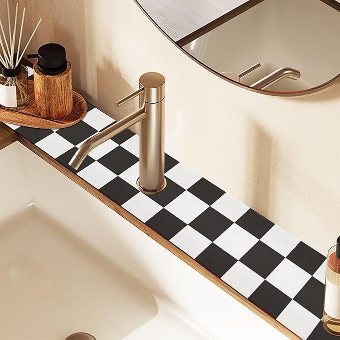 Checkered Black Kitchen Sink Splash Guard Sink Faucet Mat Faucet Handle Drip Catcher Drain Mats for Kitchen Bathroom Countertop Absorbent Dish Drying Pad 2Pack 30x5.4IN