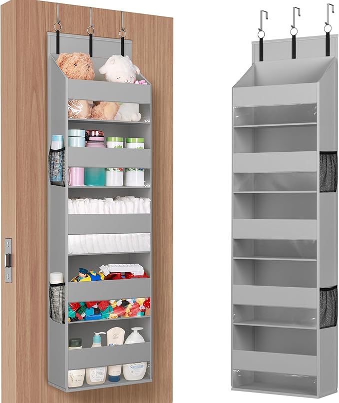 Lifewit 1 Pack Over the Door Organizer, Clear Window Hanging Storage with 4 Mesh Side Pockets, Anti Tilt 40 lbs Load Behind Door for Pantry, Nursery, Bathroom, Bedroom, Dorm, 5 Section, Light Gray