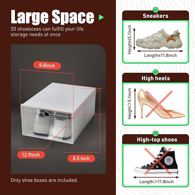 20 Pack Shoe Organizer and Storage Boxes, Foldable Stackable Plastic Shoe Box with Clear Drop-Front Door & Ventilation Hole, Versatile Closet Organizer for Sneakers, Accessories, and Home Organization