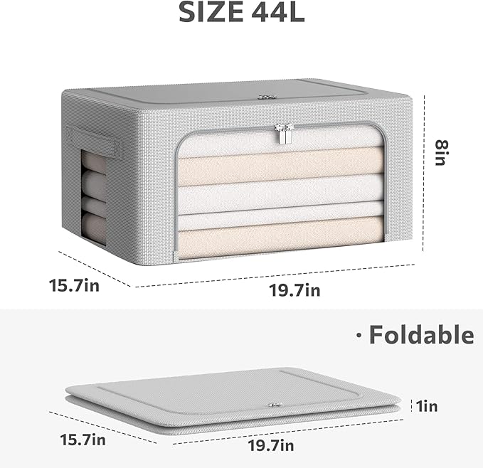 CYhom 3Pack Frame Storage Box - Clothes Storage Bin Bags Oxford Fabric Foldable Stackable Container Organizer Set with Clear Window & Carry Handles (Grey, Medium-44L)