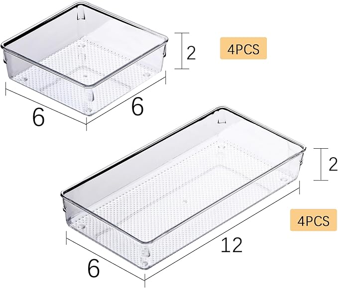 ihomecooker 3 Pack Clear Plastic Drawer Organizer Tray Cutlery Utensil Makeups Drawer Silverware Organizers 12" X 6"… (8P(6x6+6x12))