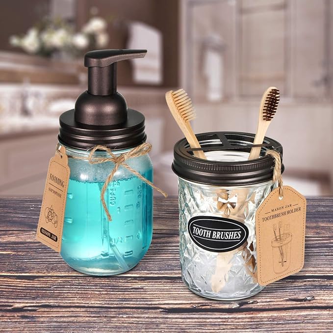 Amolliar Mason Jar Foaming Soap Dispenser, Rustproof Stainless Steel Lid, BPA Free Foam Pump, with Chalkboard Labels, Rustic Farmhouse Decor, Hand Soap Dispenser Bathroom Accessories, Bronze (1 Pack)