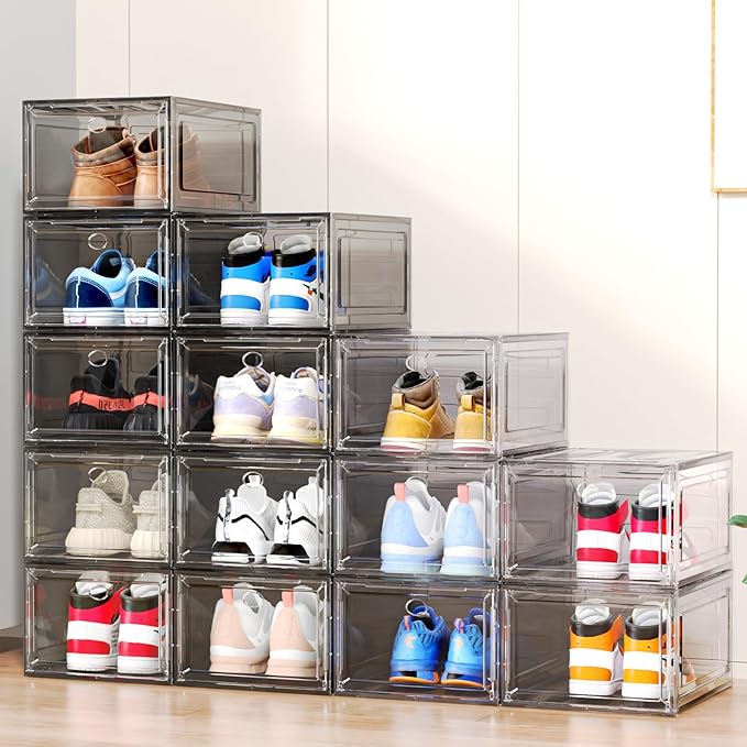 ARSTPEOE Upgrade Harder Solid Plastic Shoe Organizer with Magnetic Front Door, 12 Pack Shoe Boxes Clear Stackable, Sneaker Storage for Closet, Shoe Display Case, Black