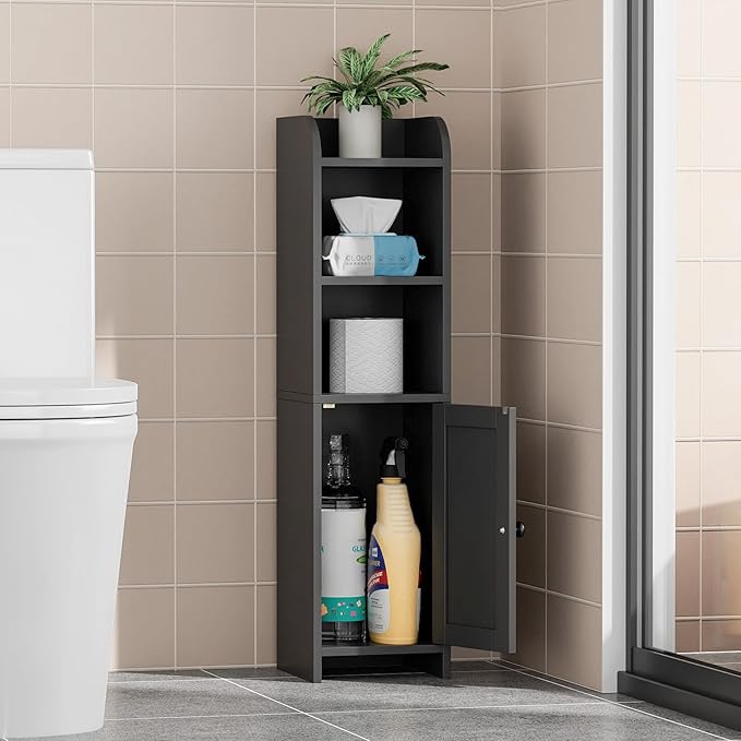 Homhedy Small Bathroom Storage Corner Floor Cabinet with Door and Shelves, Beside The Toilet Paper Stand for Skinny, Narrow Toilet Paper Cabinet, 9.8" D x 7.9" W x 31" H, Black