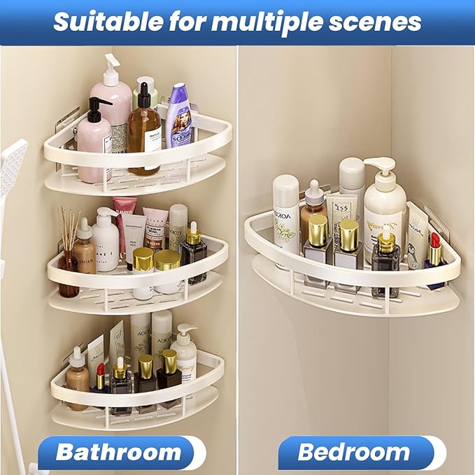 2LWAT Wall Mounted Shower Organizer, 2 Tier No Drilling Adhesive Shelf, Bathroom Shower Caddy with Hooks, Suction Cup, White