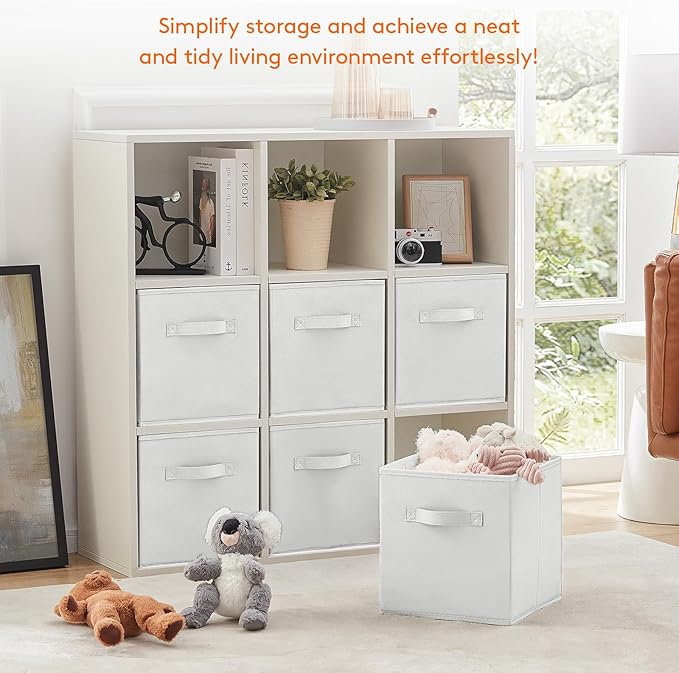 Lifewit Storage Cubes, Foldable Decorative Fabric Storage Baskets for Organizing Home Organizers with Handles for Shelves, Closet, 11 Inch Bins, 18L White, 6 Packs