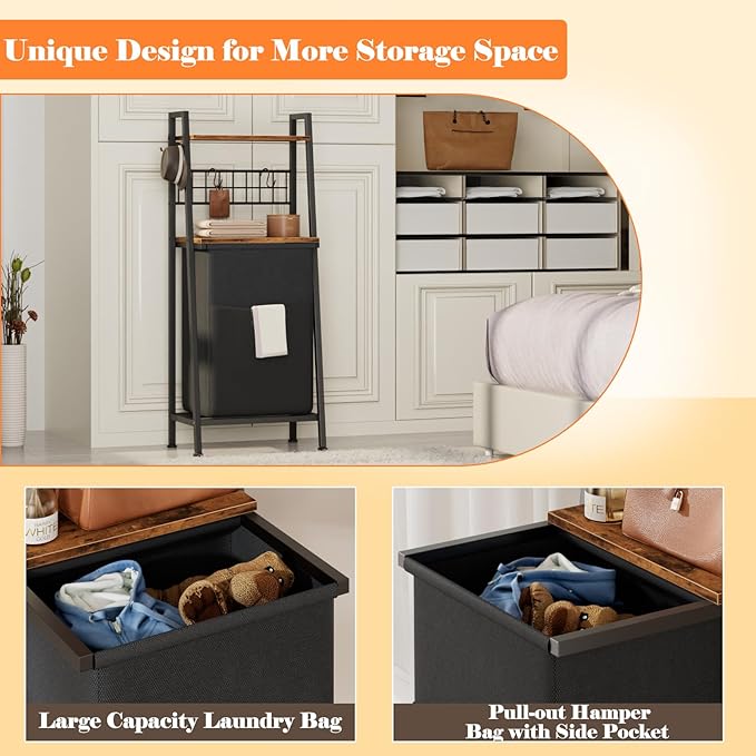 Furnulem Laundry Hamper, Vertical Laundry Basket with 2 Tiers Wooden Shelf and Hooks, Clothes Hamper with Pull-Out and Removable Bag for Bathroom, Bedroom, Dorm, 13.21 Gallons (50L)