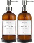 Vine Creations Amber Glass Soap Dispenser, 2 Pack Kitchen Soap Dispenser Set with Stainless Steel Pump, 16 oz Hand Soap or Dish Soap for Bathroom or Kitchen with Waterproof Labels