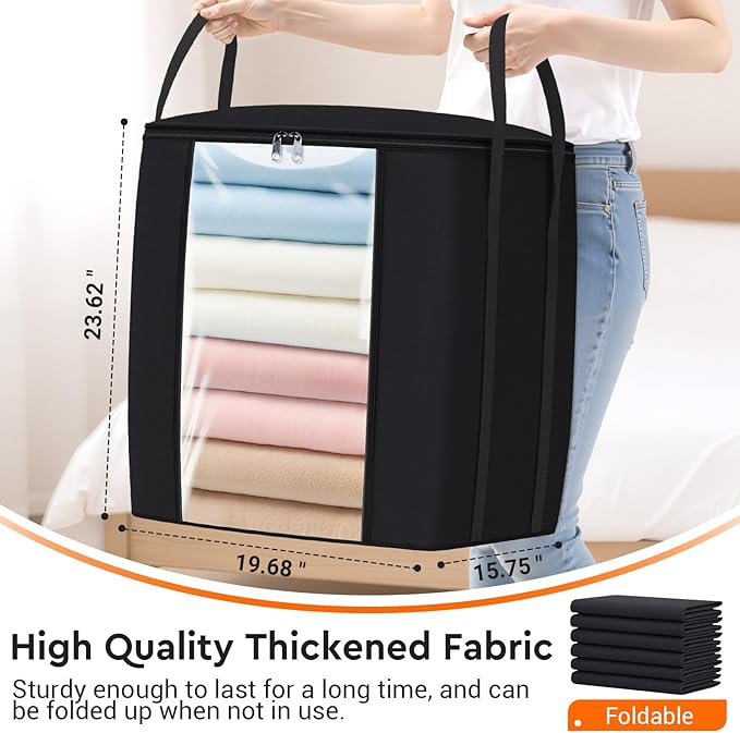 120L Extra Large Clothes Storage Bags, Foldable Blanket Storage and Organization, Thick Fabric Containers with Reinforced Handles & Zippers for Clothing, Comforters, Bedding, Black, 2 Pack
