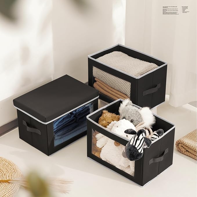 Stackable Storage Bins with Lids - Medium Storage Box with Lids, Foldable Closet Boxes for Organizing, Wardrobe Clothes Organizer with Window, Cubes Bins for Living Room, 5 Pack, Black