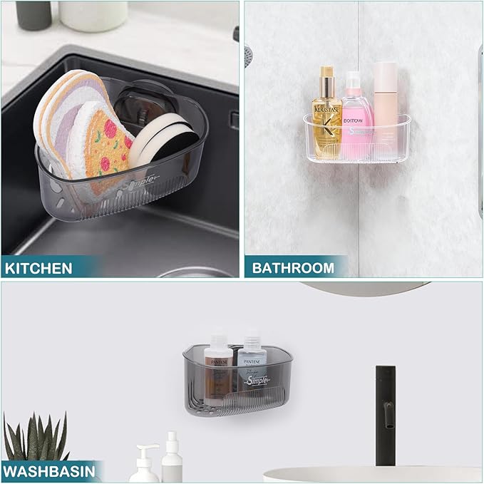 Suction Cup Sink Corner Rack,Sponge Holder with Strong Suction Cup, Kitchen Sink Organizer with Drainage Holes, Storage Rack for Bathroom, with Pizza - Shaped Sponge
