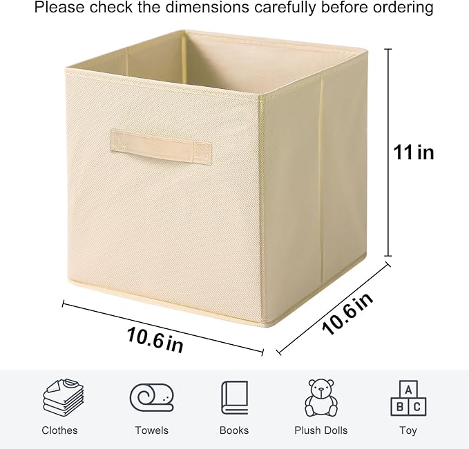 Fabric Storage Bins - 6 Pack Collapsible Cube Organizer for Closet, Shelves & Living Space, Pastel & Dark Color Options - Foldable Storage Boxes with Handles for Clothes (Beige, 11 inch)