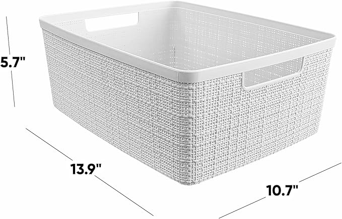 Curver Set of 6 Medium 12L Jute Decorative Plastic Organization and Storage Baskets - Perfect Bins for Home Office, Closet Shelves, Kitchen Pantry and All Bedroom Essentials, White