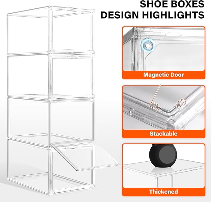 2 Pack Drop Front Shoe Boxes Fit US Size 13, Acrylic Shoe Organizer Clear Stackable Sneaker Sotrage Box for Entryway, Home, Underbed, Multiple Display Cases for Cosmetic, Hats, Figures, Sneakers