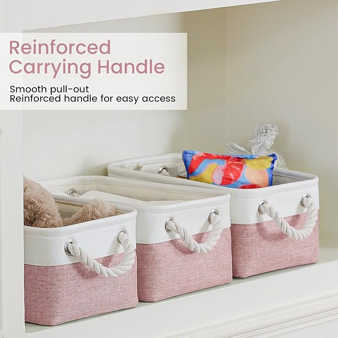 Storage Baskets for Shelves 11.8x7.9x5.2 Inch, Foldable Fabric Storage Bins with Handles, Small Storage Baskets for Organizing Closet, Office, Home Organization (6-Pack, White&Pink)