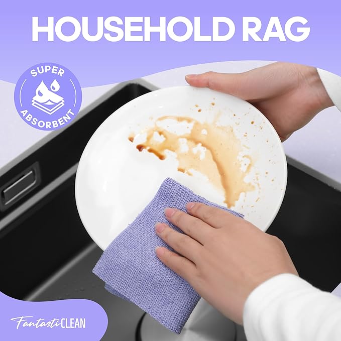 Fantasticlean Microfiber Cleaning Cloth Roll 2 Rolls 120 Pack, Tear Away Paperless Towels, 8" x 8", Reusable Washable Rags, House Kitchen, Pet, Office, Indoor Outdoor, Portable (Pink and Light-Purple)