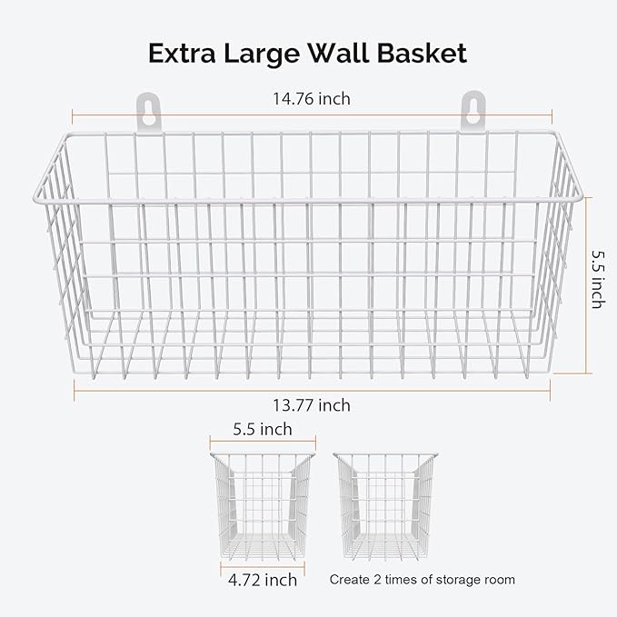 MaraFansie [Extra Large Wire Basket 2-Pack Hanging Wall Organizer Cabinet Storage Basket Wall Mounted Shelves Rustic Farmhouse Decor for Home Kitchen Bathroom, White