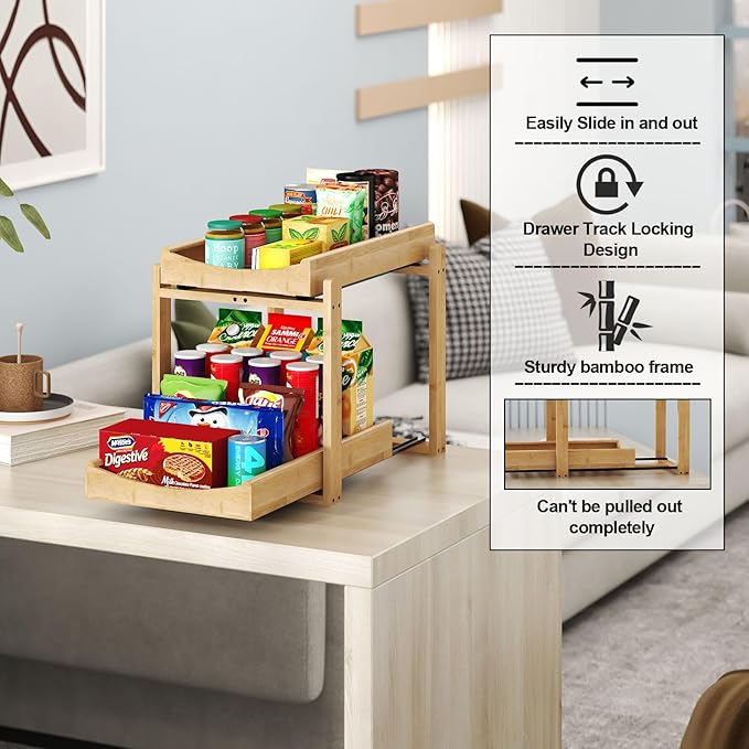 Bamboo Under Sink Organizer and Storage, 1 Pack Pull Out Cabinet Organization, 2 Tier Vertical Slide Out Undersink Storage Shelf, Multi-Purpose Organizer Shelves for Kitchen Bathroom Medicine