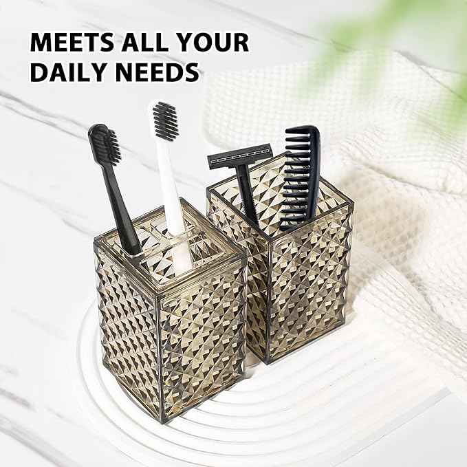 Brown Bathroom Accessories Set, 4 Pack Acrylic Bath Accessory Sets Complete, Diamond Soap Dispenser and Toothbrush Holder Bathroom Counter Sink Set, Boho Modern Bathroom Decor