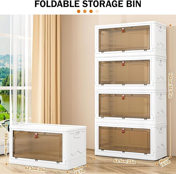 4 Tier Storage Bins with Lids 102QT, Stackable Storage Containers with Wheels, Folding Boxes, Extra Large Collapsible Bins, White