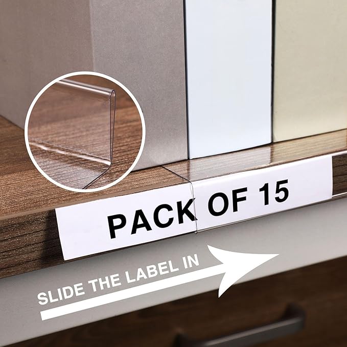 Containlol 15 Pieces Moveable Shelf Label Holders Clear Shelves Tags Moveable Library Markers Transparent Shelf Label Display Holder for Classroom Office Library Book Shelves (5.1 x 0.8 Inch)