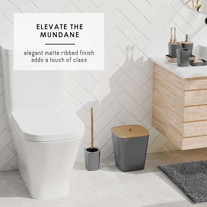 Clara Clark Bathroom Set - Grey Bathroom Accessories Set, 6PC Bathroom Accessory Set, Bathroom Sets with Bathroom Rugs, Toilet Brush, Trash Can & Soap Dispenser