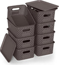 Plastic Storage Bins with Lid, Stackable Small Box Basket for Organizing and Containers for Shelves Drawers Desktop Closet Playroom Pantry Classroom Office Home, 8-pack 10.2x7.2x4.1 Inch, Brown