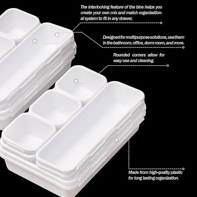 Set of 24 Interlocking Desk Drawer Organizer Tray Dividers Plastic Shallow Narrow Drawers Organizers Separators Storage Bins Container for Kitchen Bathroom Makeup Office Vanity Bedroom Dresser White