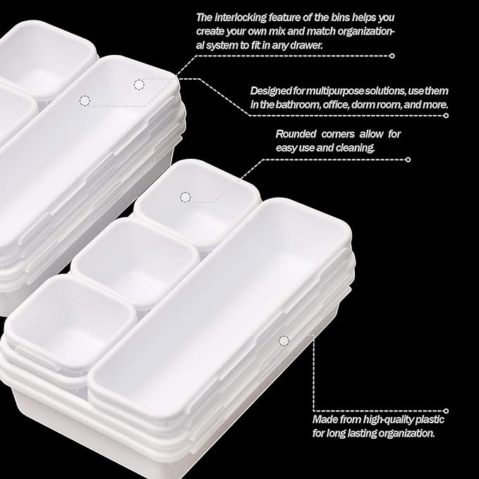 Set of 22 Interlocking Desk Drawer Organizer Tray Dividers Plastic Shallow Narrow Drawers Organizers Separators Storage Bins Container for Kitchen Bathroom Makeup Office Vanity Bedroom Dresser White