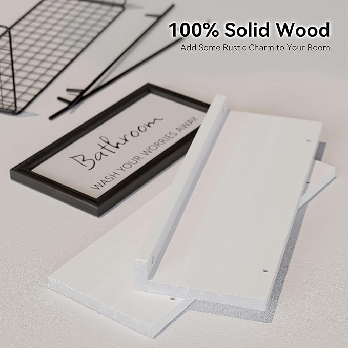 WOPITUES Floating Shelves for Wall Decor Sign, Bathroom Organizer and Storage, Bathroom Shelves Over Toilet with Metal Guardrail-Modern White