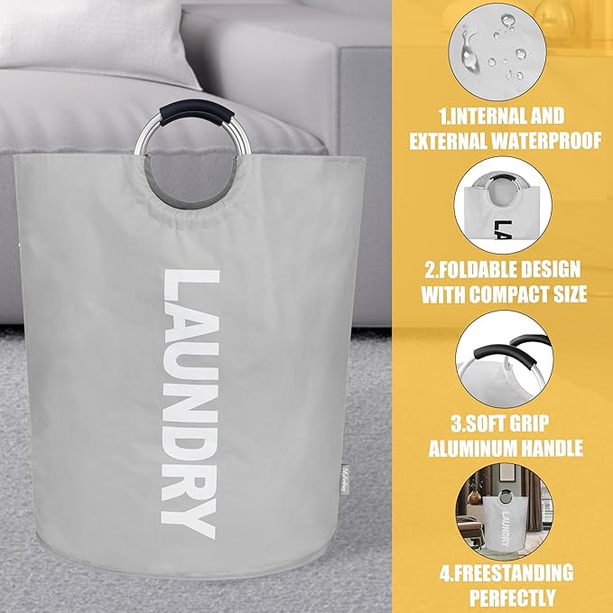 160L Large Laundry Basket, Collapsible Laundry Hamper with Padded Handles, Waterproof Laundry Bag, Tall Clothes Hamper Stand Up Well, Foldable Laundry Baskets for Easy Storage(Light Grey)
