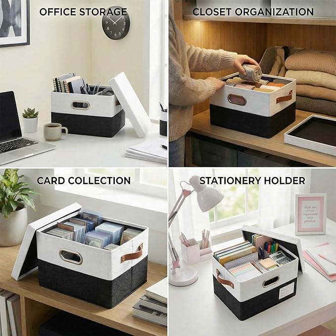 PRANDOM Storage Bins with Lids [3-Pack] Linen Fabric Foldable Storage Boxes Organizer Containers Baskets Cube with Cover for Bedroom Closet Office Black & White（11.4X8.6X6.7