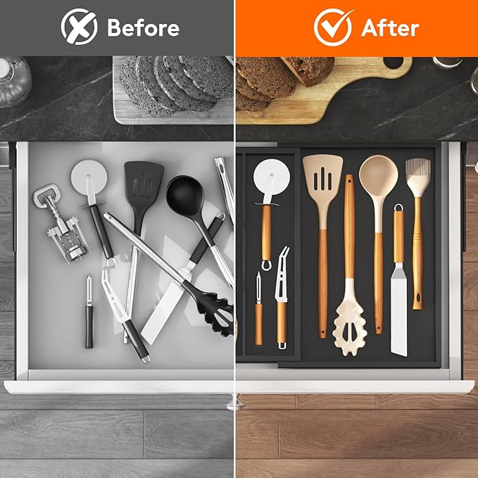 Lifewit Utensil Organizer for Kitchen Drawer, Expandable Cooking Utensil Tray, Cutlery Silverware Flatware Holder, Wood Adjustable Spatula Tools Storage Divider, 30-55 x 40cm, Black