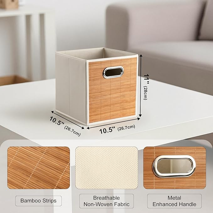 10.5x10.5in Bamboo Storage Cubes Storage Baskets, 6-Pack Foldable Handwoven Bamboo Strip Wicker Basket, Wicker Cube Storage Bins for Organization, Closet, Shelves, Home, Offices