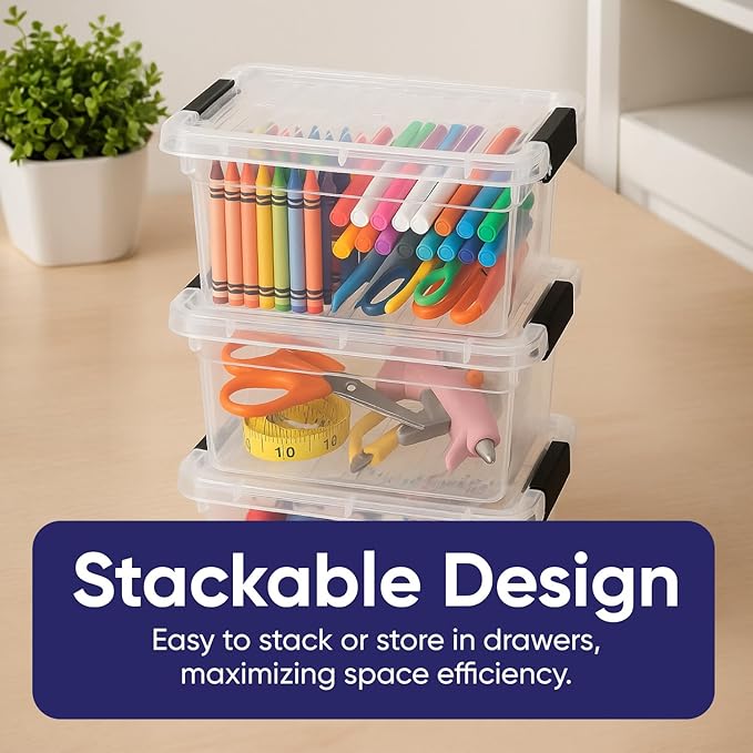 Superio Mini Storage Container Plastic Crayon Box Art Supplies and Sewing Case Stackable Clear Small Organizer for Beads, Stationery, Chalk, and Food, 1.05 Quart, 3 Pack