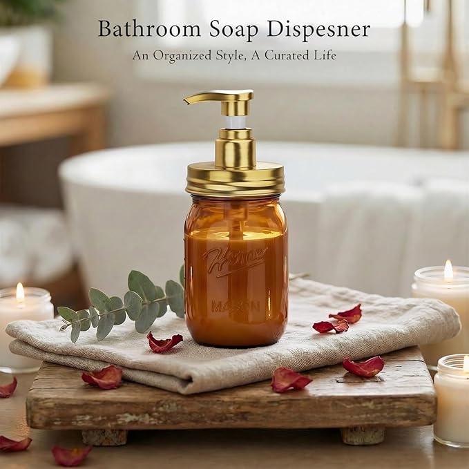 Amolliar Plastic Mason Jar Soap Dispenser with Pump Lid,16OZ Refillable Hand Soap Dispenser Set with Cute Lables - Farmhouse Decor for Kitchen Bathroom, Liquid Soap, Dish Soap, Lotion (2 Pack, Amber)