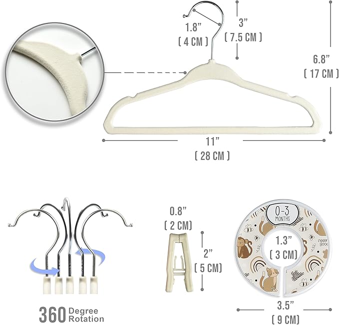 Velvet Baby Hangers with 10x Clips and 8X Dividers (30 Pack) | 11” Ultra-Slim Baby Clothes Hangers | Non-Slip Felt | Space-Saving Nursery & Infant Closet Organizer | Beige