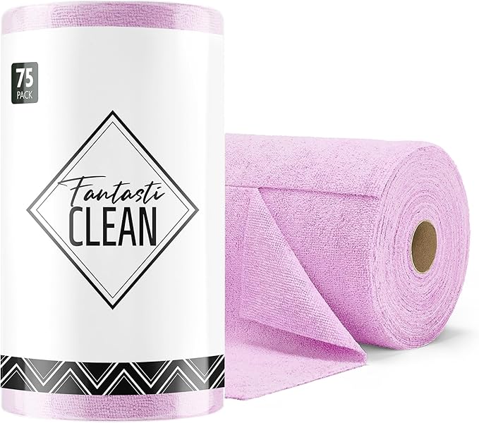 Fantasticlean Microfiber Cleaning Cloth Roll -75 Pack, Tear Away Microfiber Towels, 12" x 12", Reusable, Washable, Scratch Free, Ultra Absorbent Dishcloth for All-Around Cleaning Supplies (Purple)