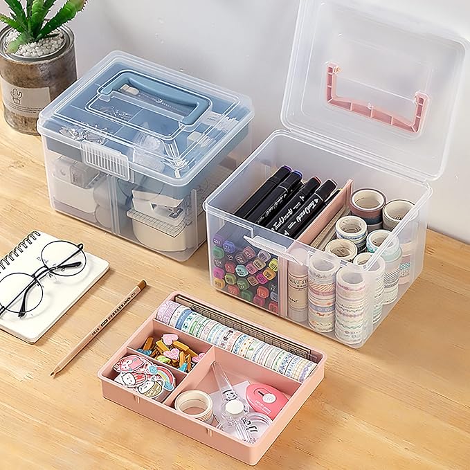 FOREVERIE Small Portable Plastic Storage Box for Beauty Ornaments Hair Nail Accessories, Cosmetic Case with Handle & Removable Tray & a Divider, Sewing Box Organizer, Kids Art Box (Clear & Pink)