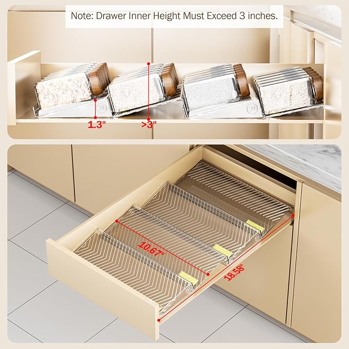 Spice Drawer Organizer, 4 Pack Clear Seasoning Organizer Rack, Expandable From 11" to 22" Wide Kitchen Spice Rack Organizers for Drawer, Countertop (Jars Not Included)