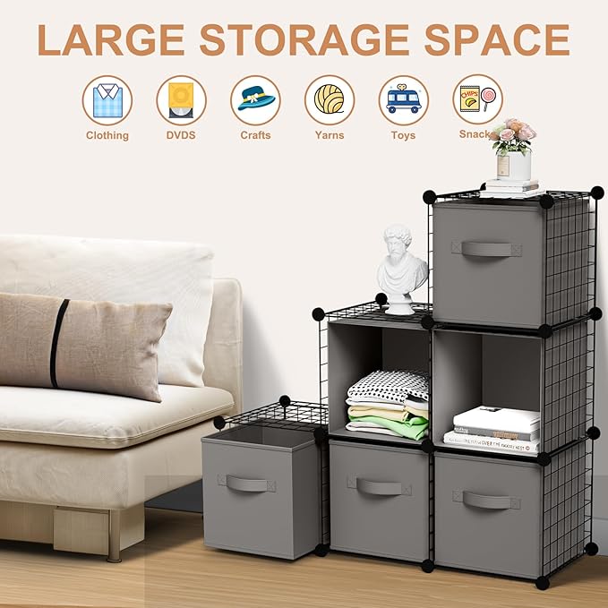 Leinuosen 6 Cube Storage Organizer with Fabric Bins, Wire Grid Stackable Shelves, Drawer Closet Organizer, Modular Storage Units for Bedroom Living Room Office Clothes Toys Crafts(Black,Gray)