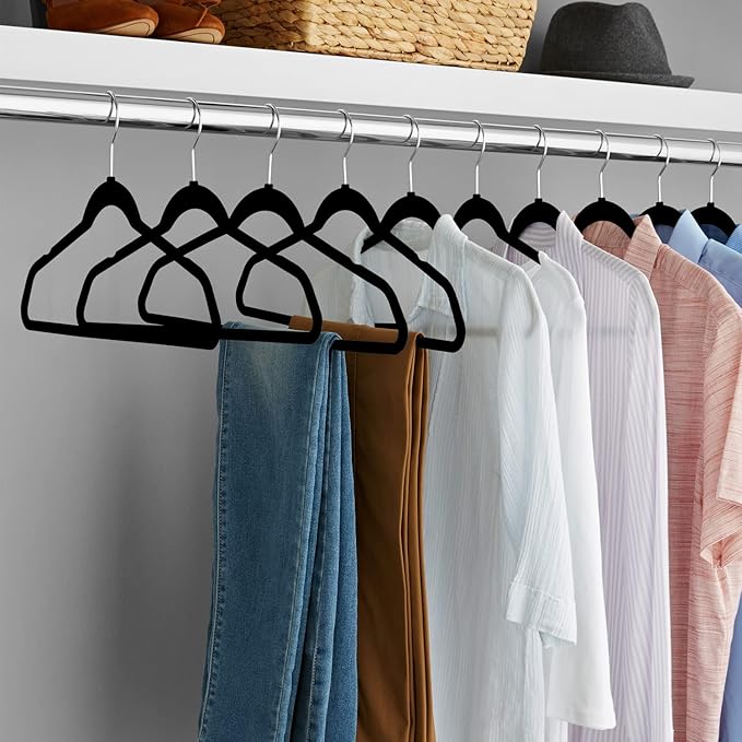 Velvet Clothes Hangers (50 Pack) Heavy Duty Durable Suit Hanger Vibrant Color Hangers Lightweight Space Saving Coat Hangers for Closet -Black-Silver